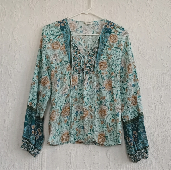 To My Lovers Teal Boho Western Blouse Turquoise Paisley Flowy Hippie Lace Up SM - Picture 8 of 8